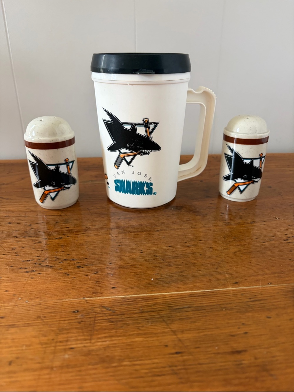 Set of San Jose Shark Logo Salt and Pepper Shakers + vintage plastic travel mug